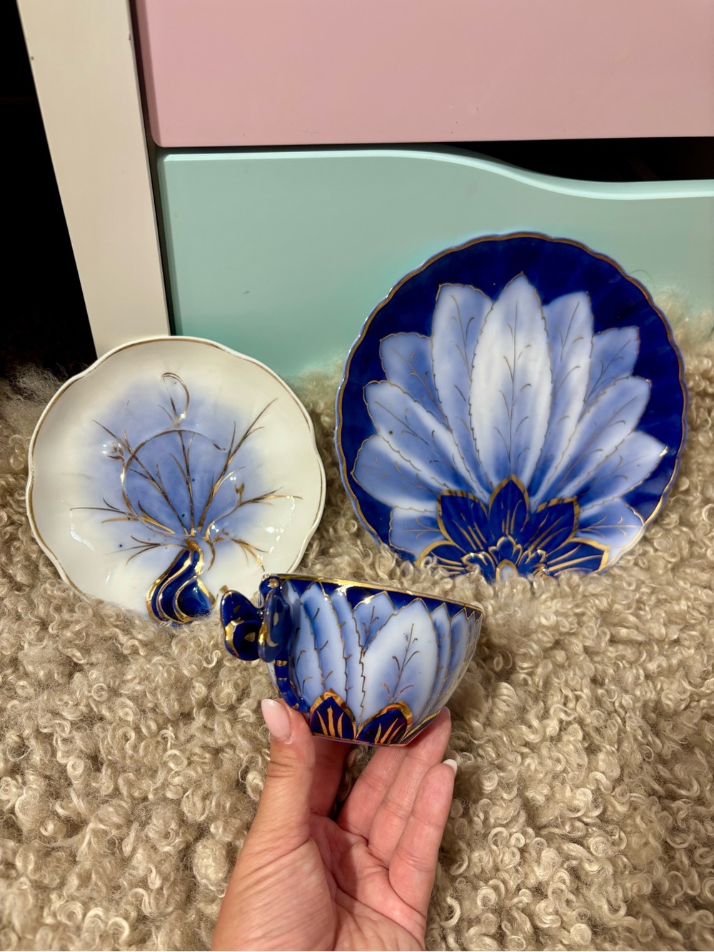 Vintage European Hand Painted Porcelain Demitasse Set -Cobalt Blue & Gold Floral